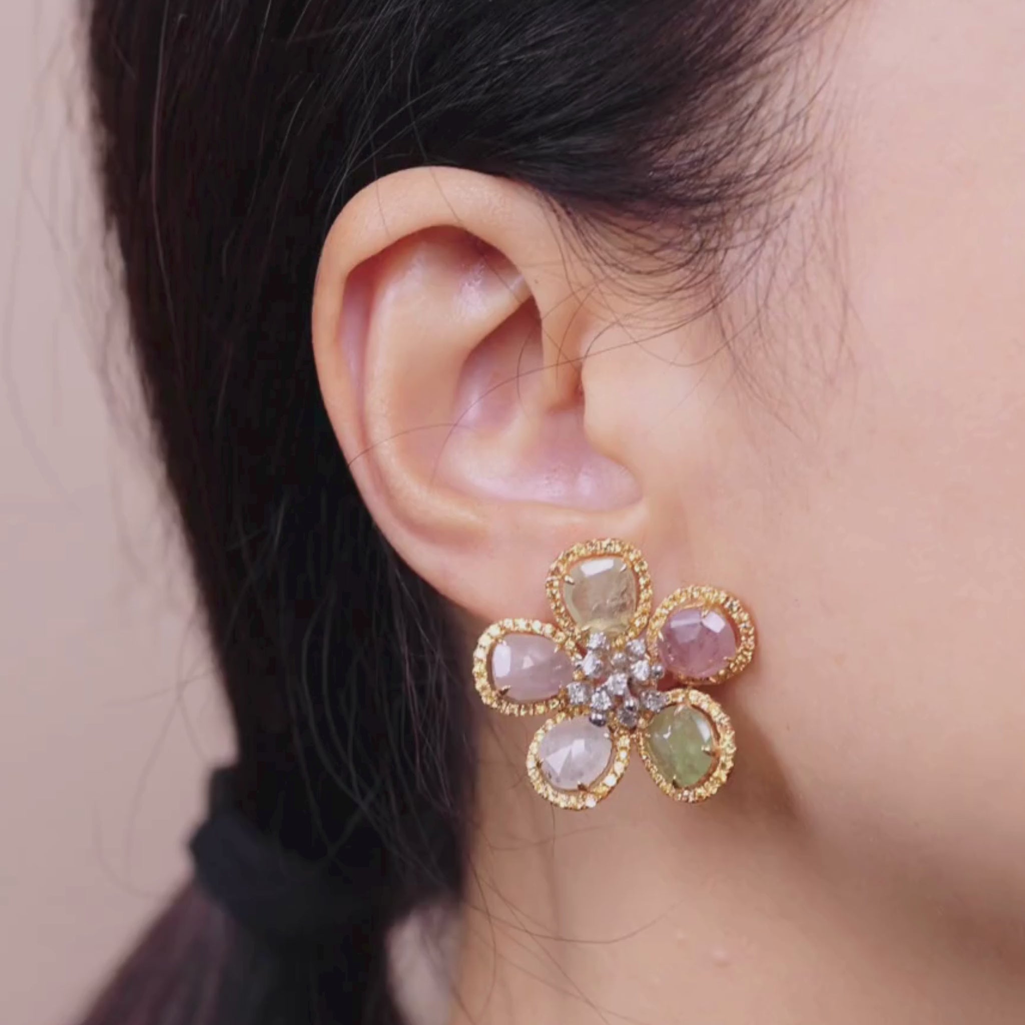 18K Gold Natural Raw Sapphire and Diamond Flower Earrings