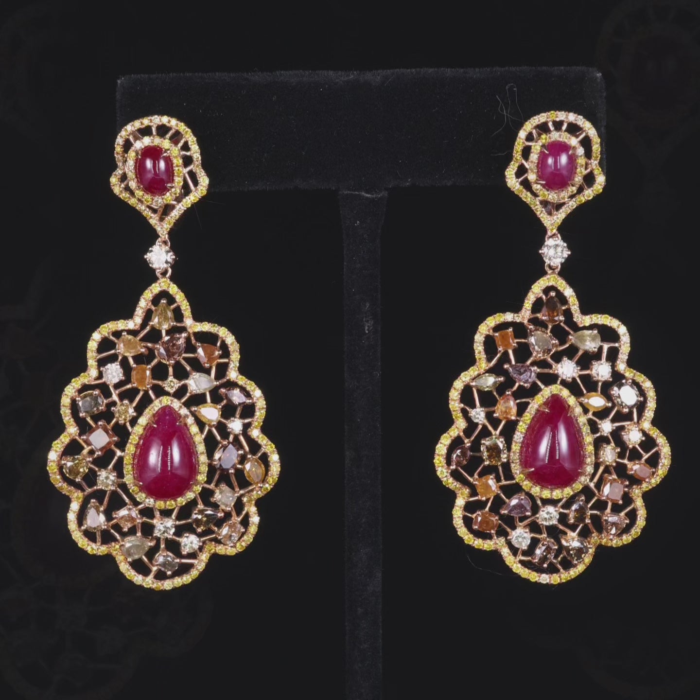 18K Gold Art Deco Earrings with Natural Rubies, Yellow Diamonds &amp; Color Diamonds