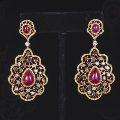 18K Gold Art Deco Earrings with Natural Rubies, Yellow Diamonds &amp; Color Diamonds