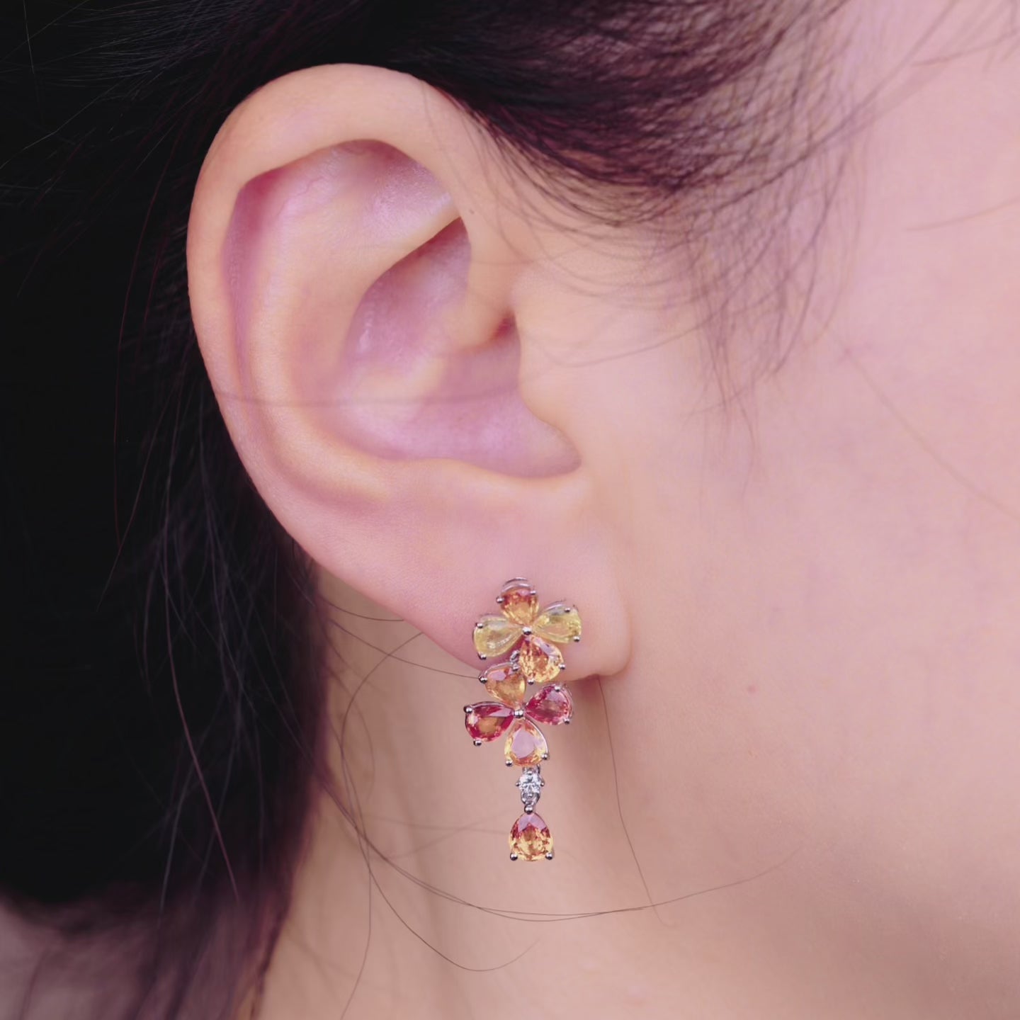 18K Gold Natural Fancy Sapphire and Diamond Flower Earrings