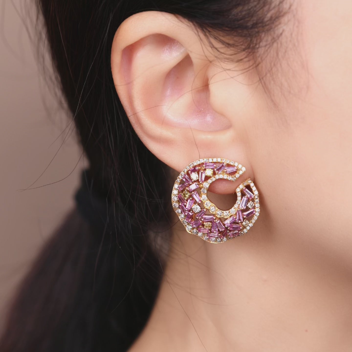 18K Yellow Gold Crescent Earrings with Natural Diamonds &amp; Pink Sapphires