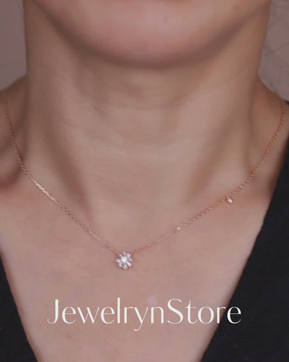 925 Silver Baguette CZ Diamond Flower Necklace