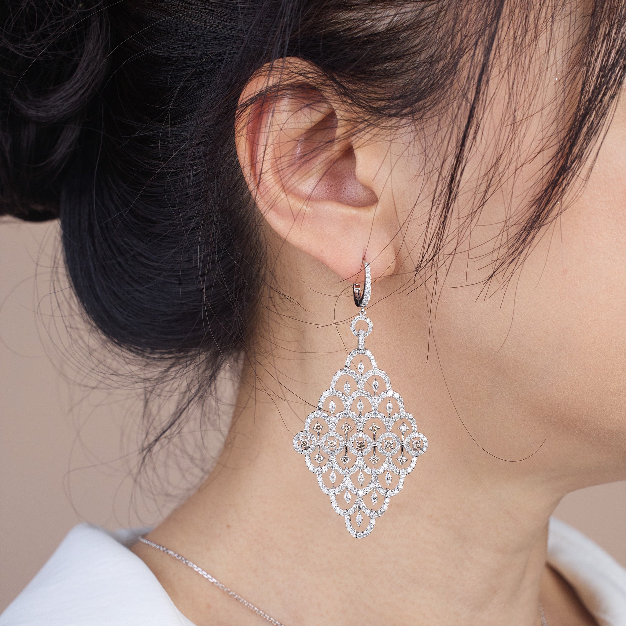 18K Gold Art Deco Diamond Lattice Statement Earrings