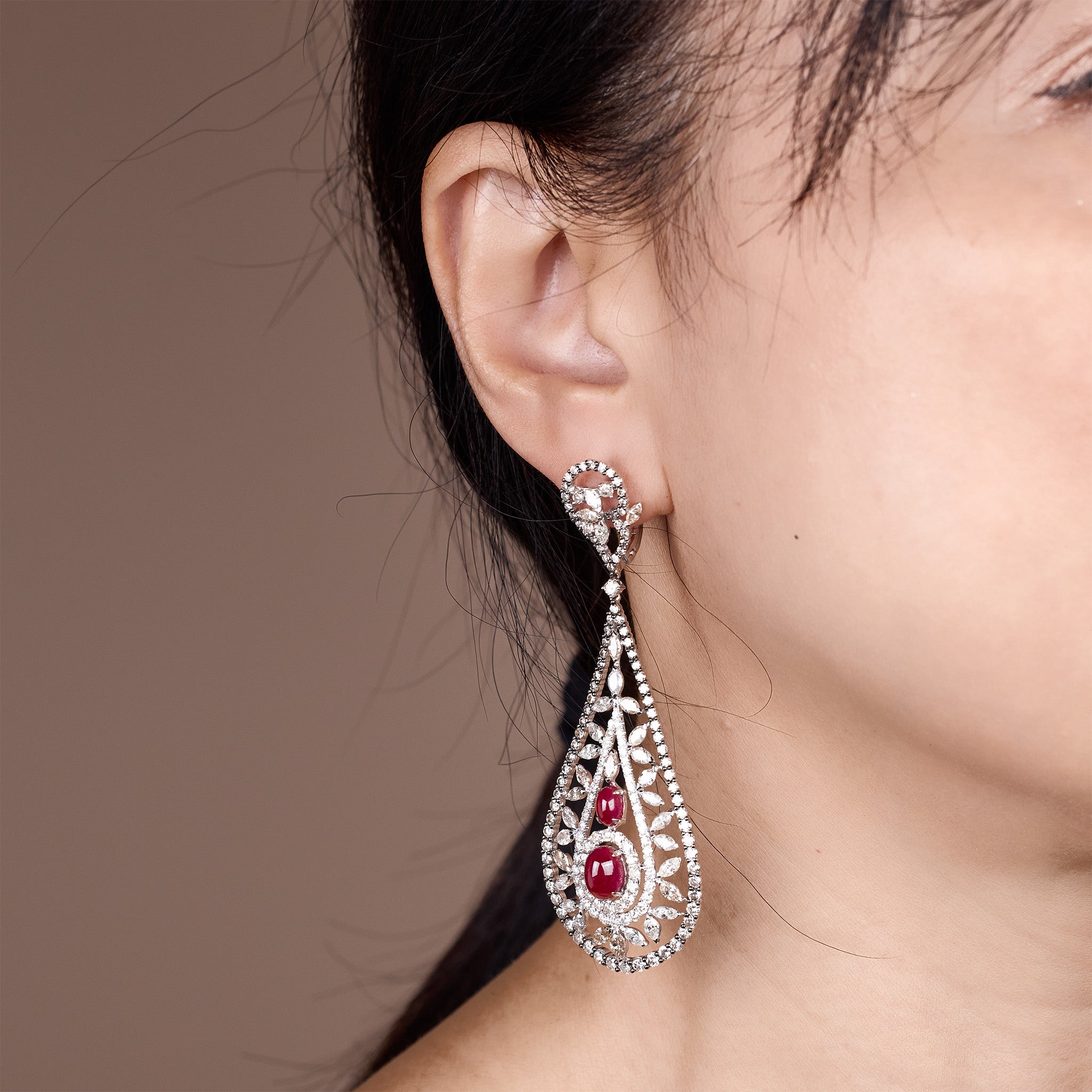 18K Gold Art Deco Drop Earrings with Natural Rubies and Diamonds from BSJ