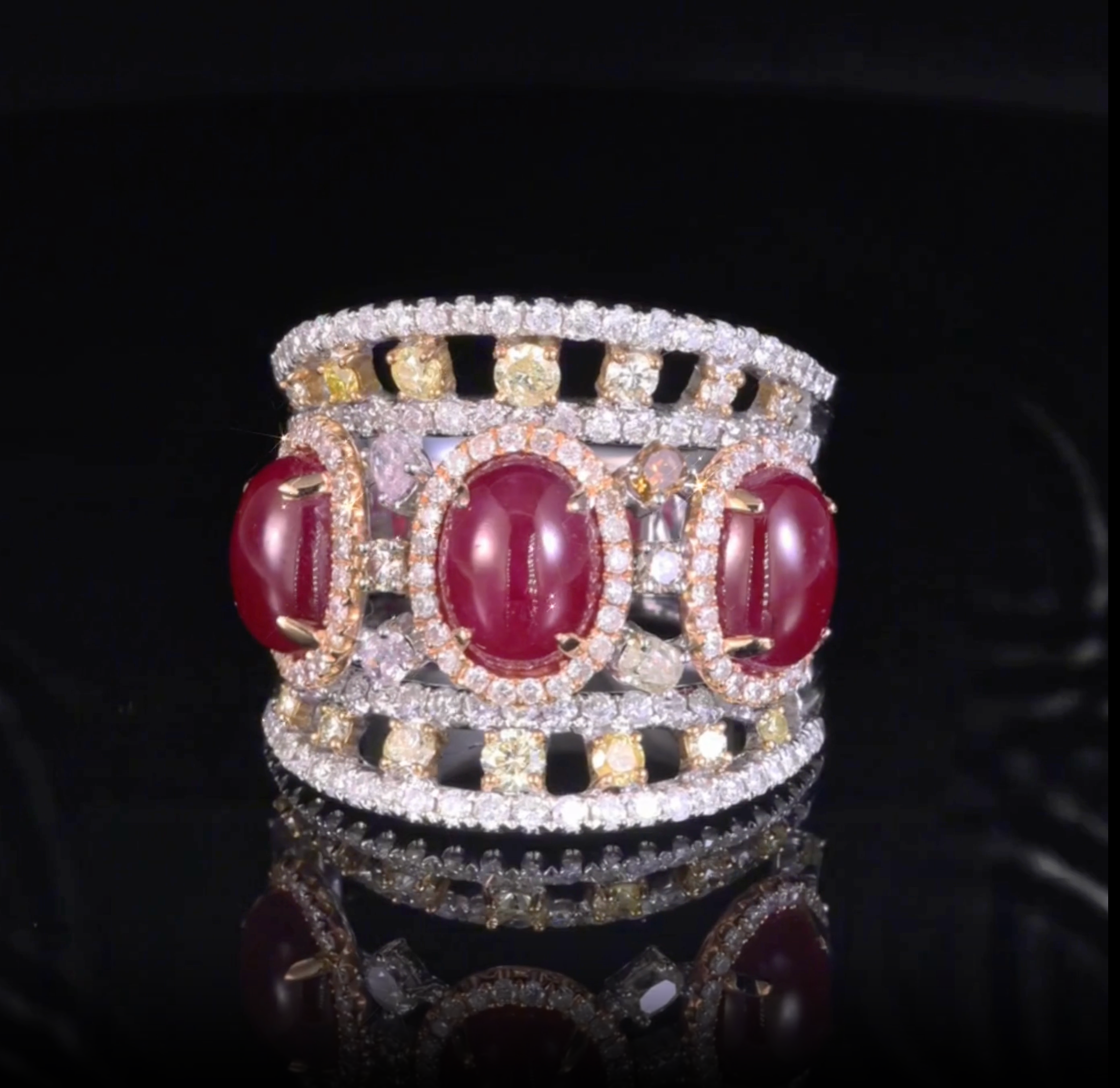 18K Gold Cocktail Ring with Natural Oval Ruby and Color Diamonds