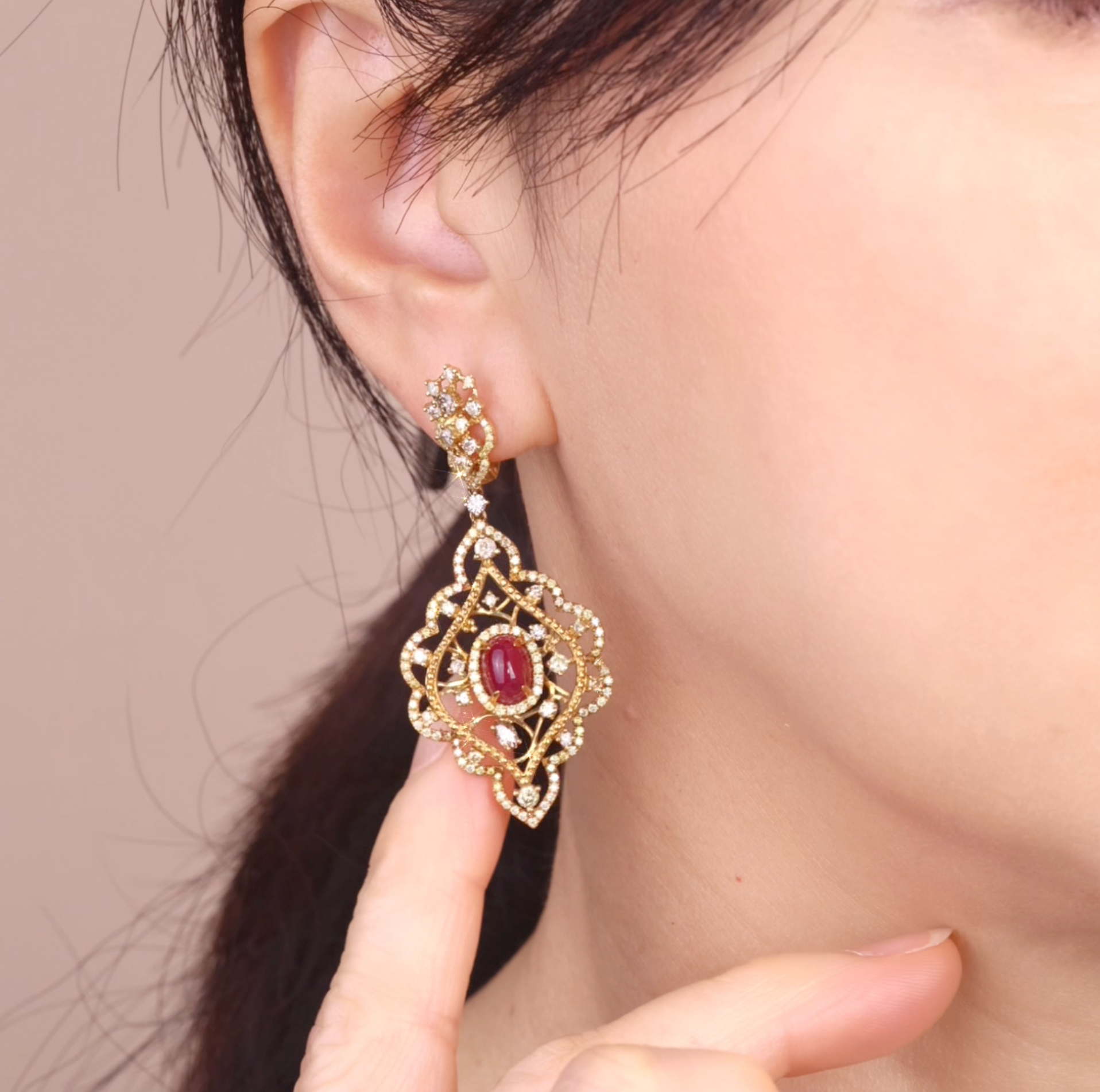 18K Gold Natural Ruby and Diamond Filigree Drop Earrings