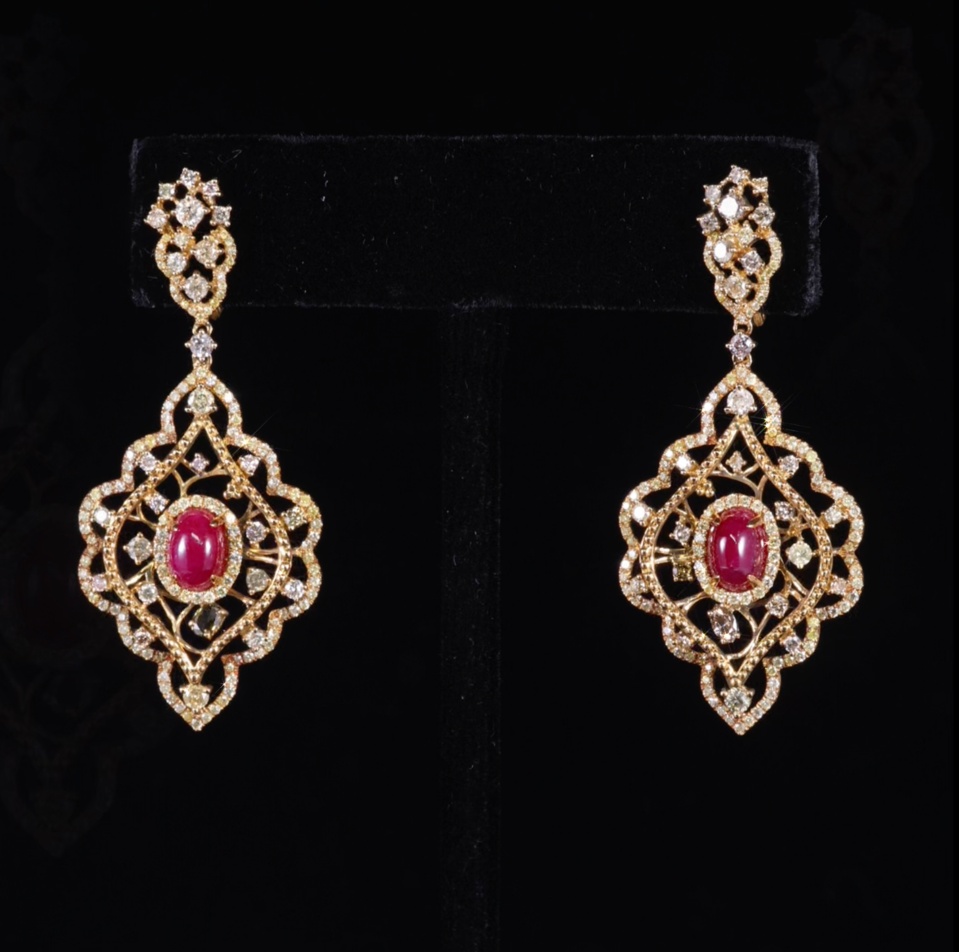 18K Gold Natural Ruby and Diamond Filigree Drop Earrings