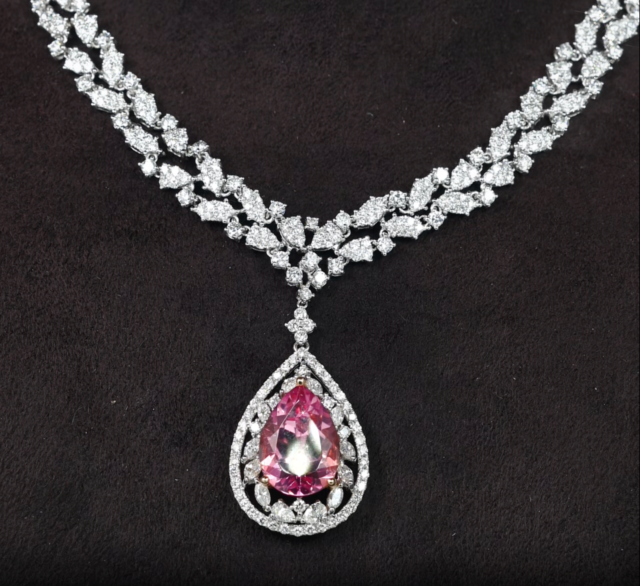 18K Gold Necklace with 14.16ct Natural Pink Topaz &amp; 15.85ct.tw. Diamonds