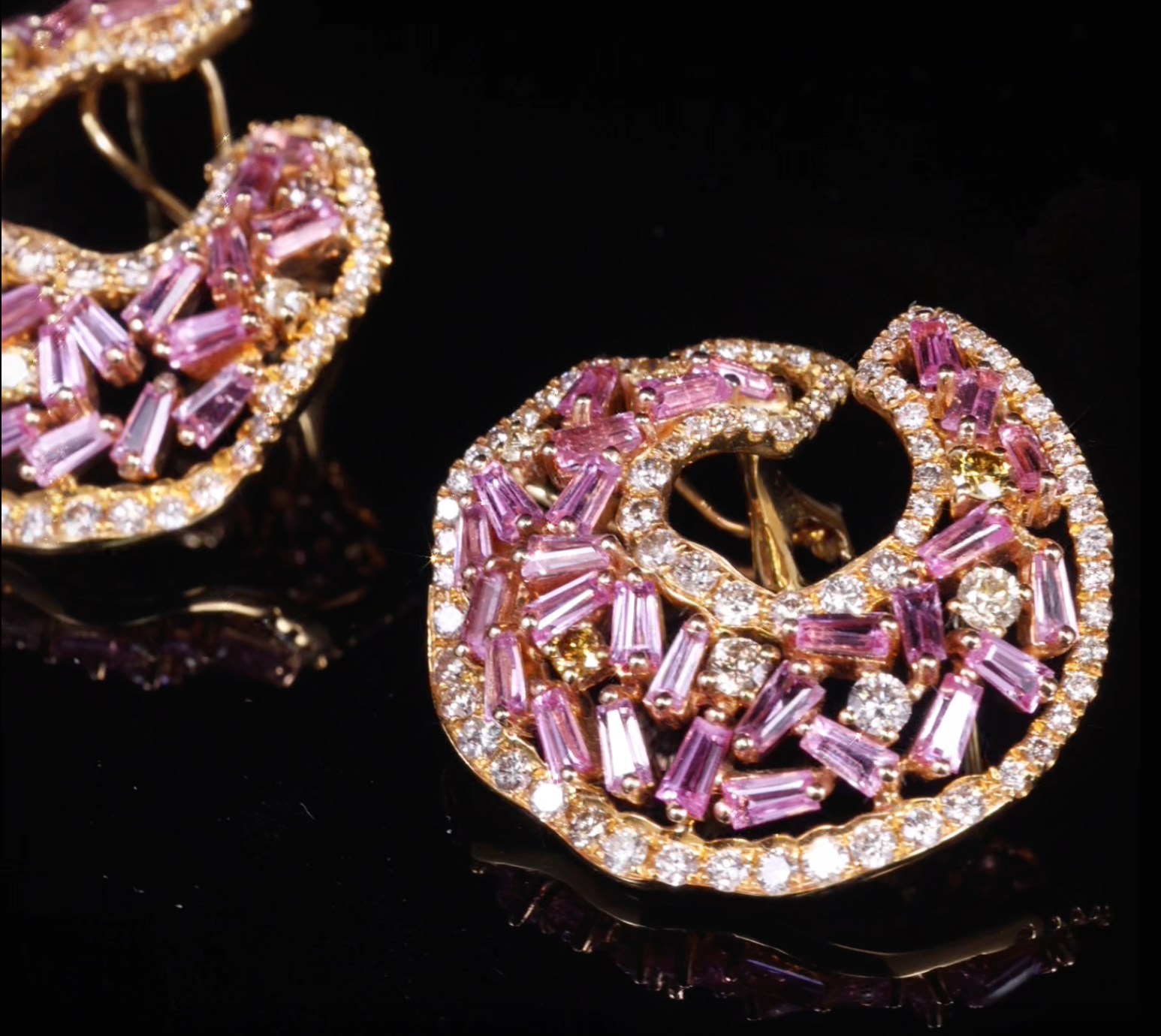 18K Yellow Gold Crescent Earrings with Natural Diamonds &amp; Pink Sapphires