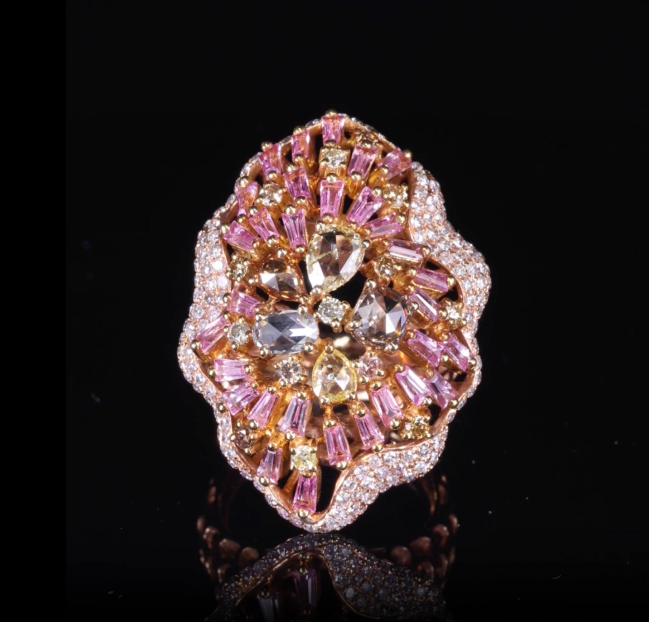 18K Rose Gold Cocktail Ring with Natural Pink Sapphires &amp; Diamonds