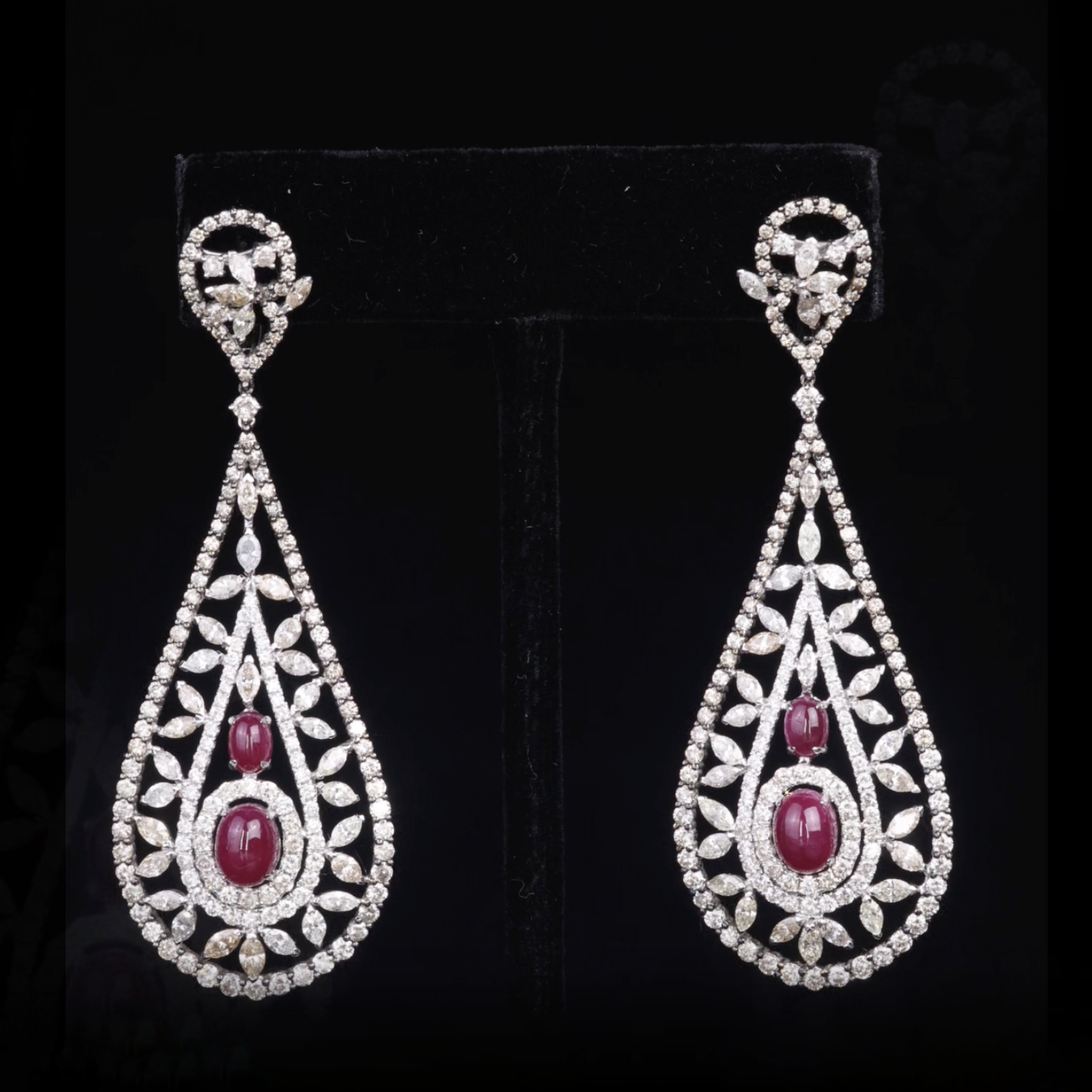 18K Gold Art Deco Drop Earrings with Natural Rubies and Diamonds from BSJ