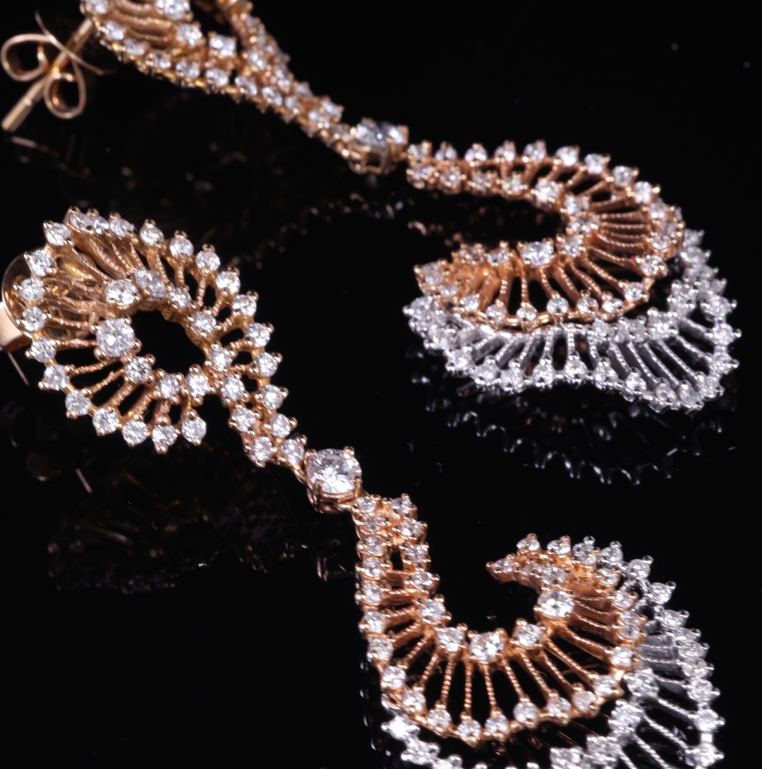 18K Rose Gold Sunbrust Drop Earrings with 2.32ct.tw. Natural Diamonds