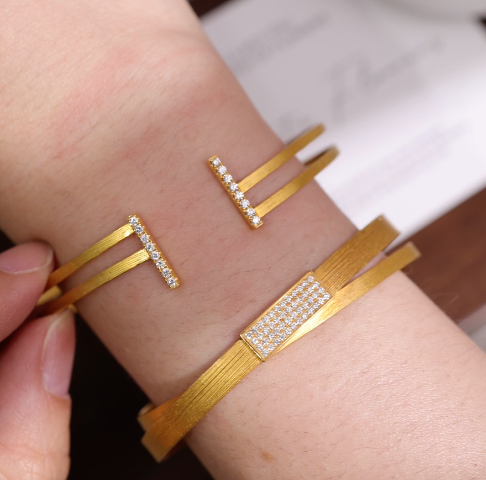 18K Gold Diamond Cuff Bangle with hand-hammered texture