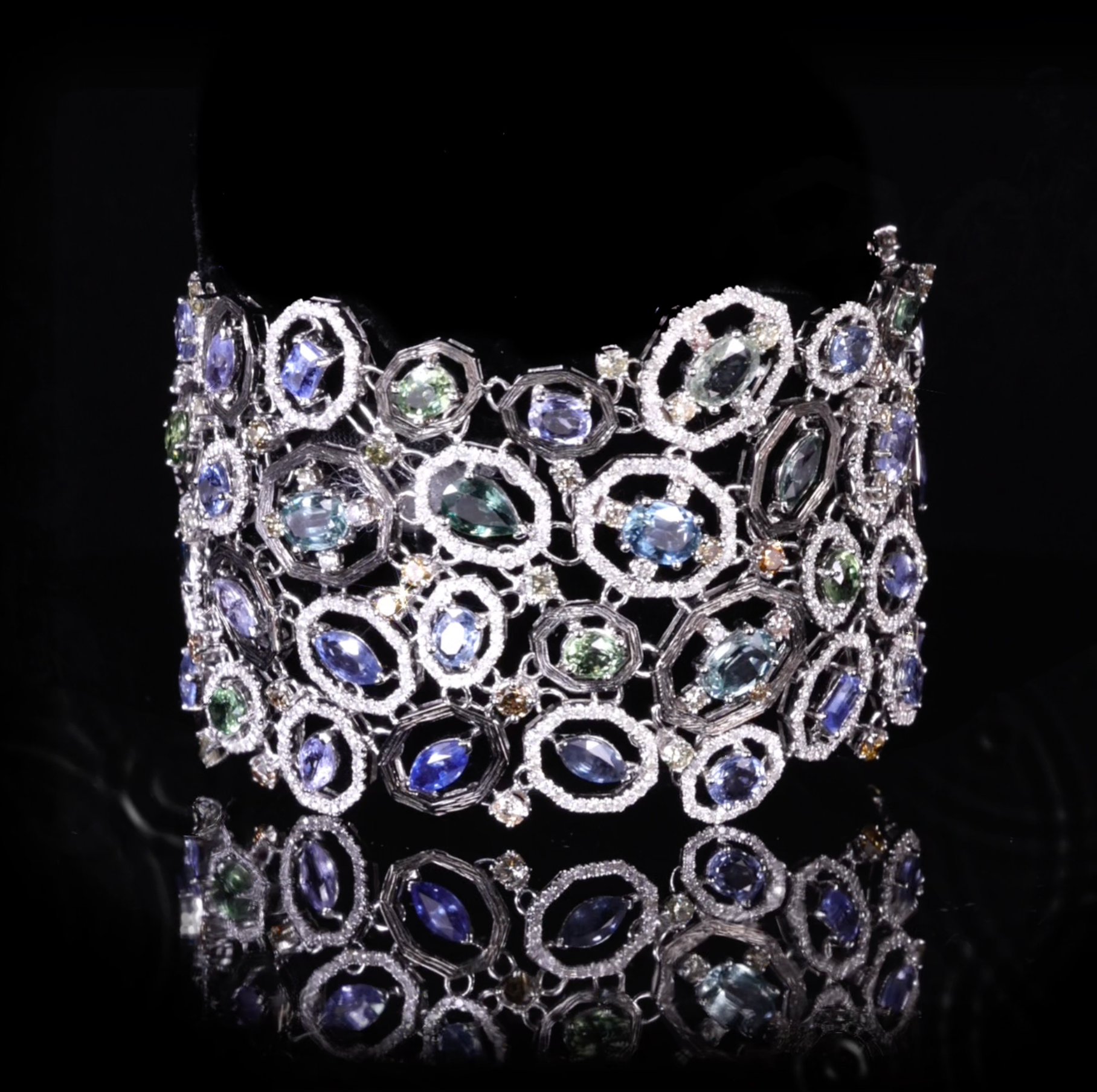 18K White Gold Wide Bracelet with Natural Sapphires and Color Diamonds from JewelryandStore