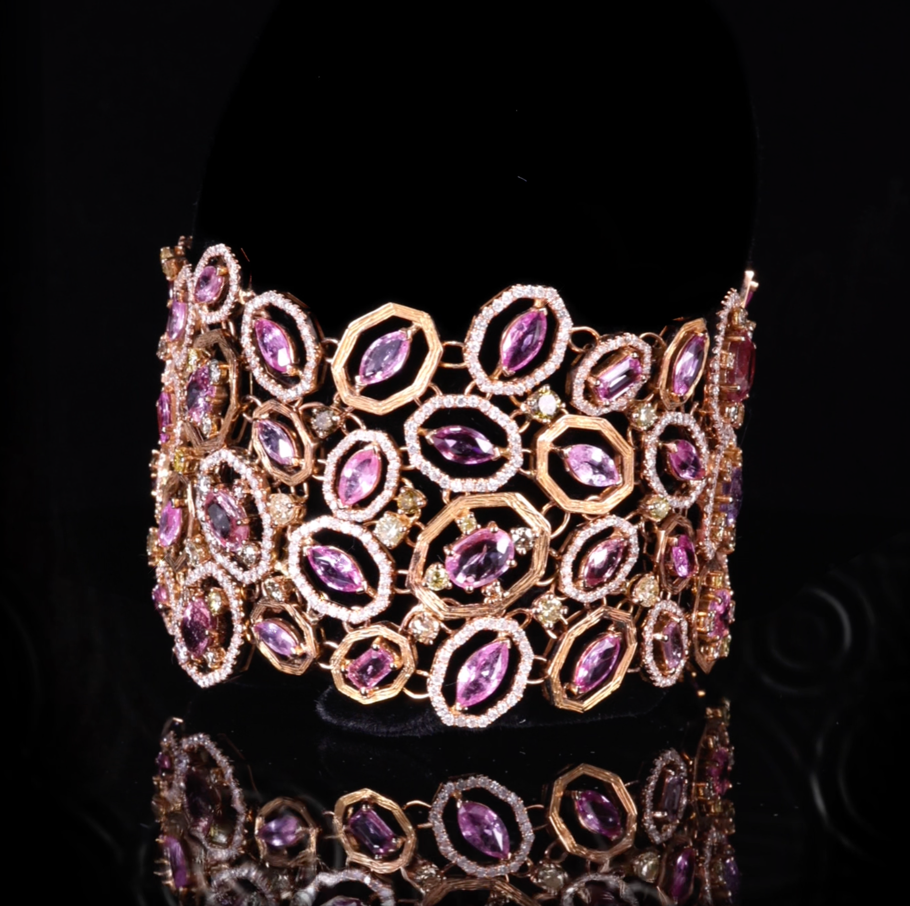 18K Rose Gold Wide Bracelet with Natural Sapphires and Color Diamonds from JewelryandStore