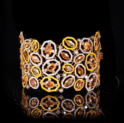 18K Yellow Gold Wide Bracelet with Natural Sapphires and Color Diamonds