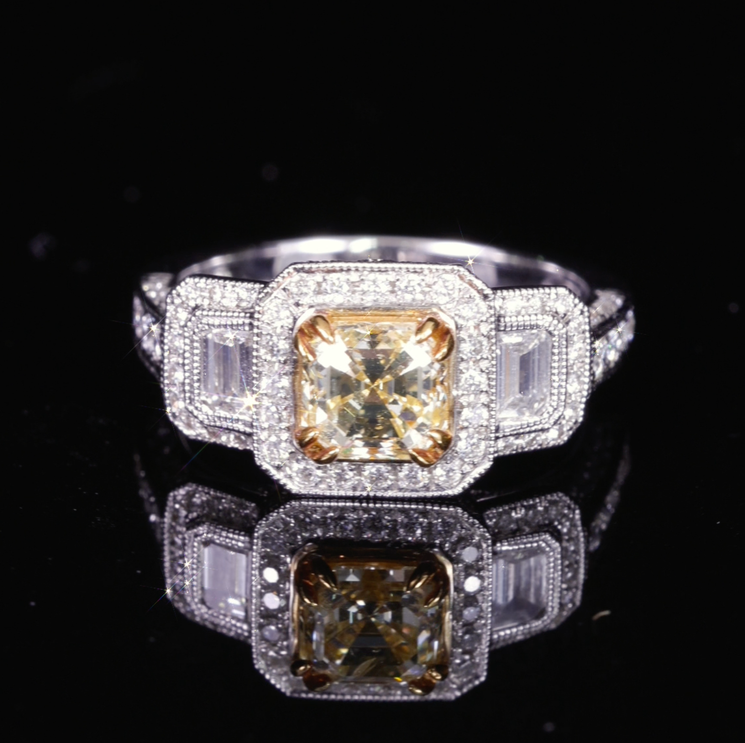 18K Gold Two-Tone Art Deco Halo Ring with 0.42ct. Natural Yellow Diamonds