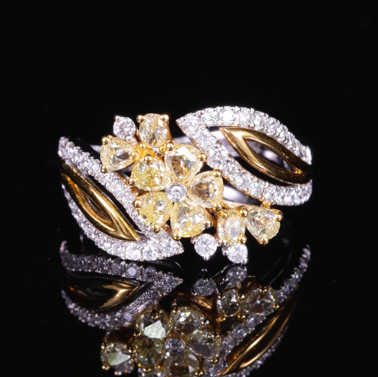 18K Two‑Tone Floral Cluster Ring with Natural Yellow Diamonds from JewelryandStore