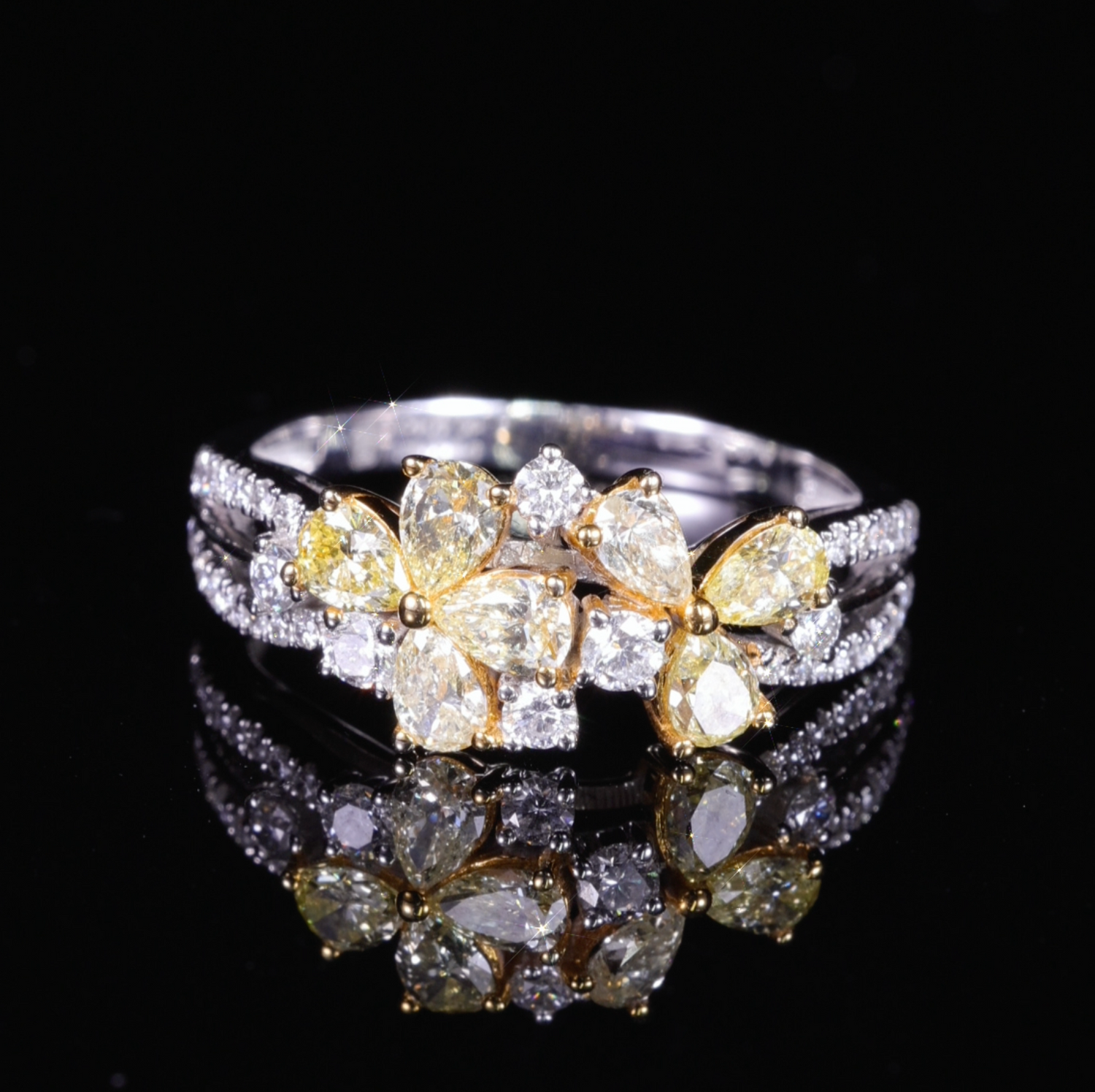 14K Two-Tone Double-Flower Ring with Natural Yellow Diamonds from JewelryandStore