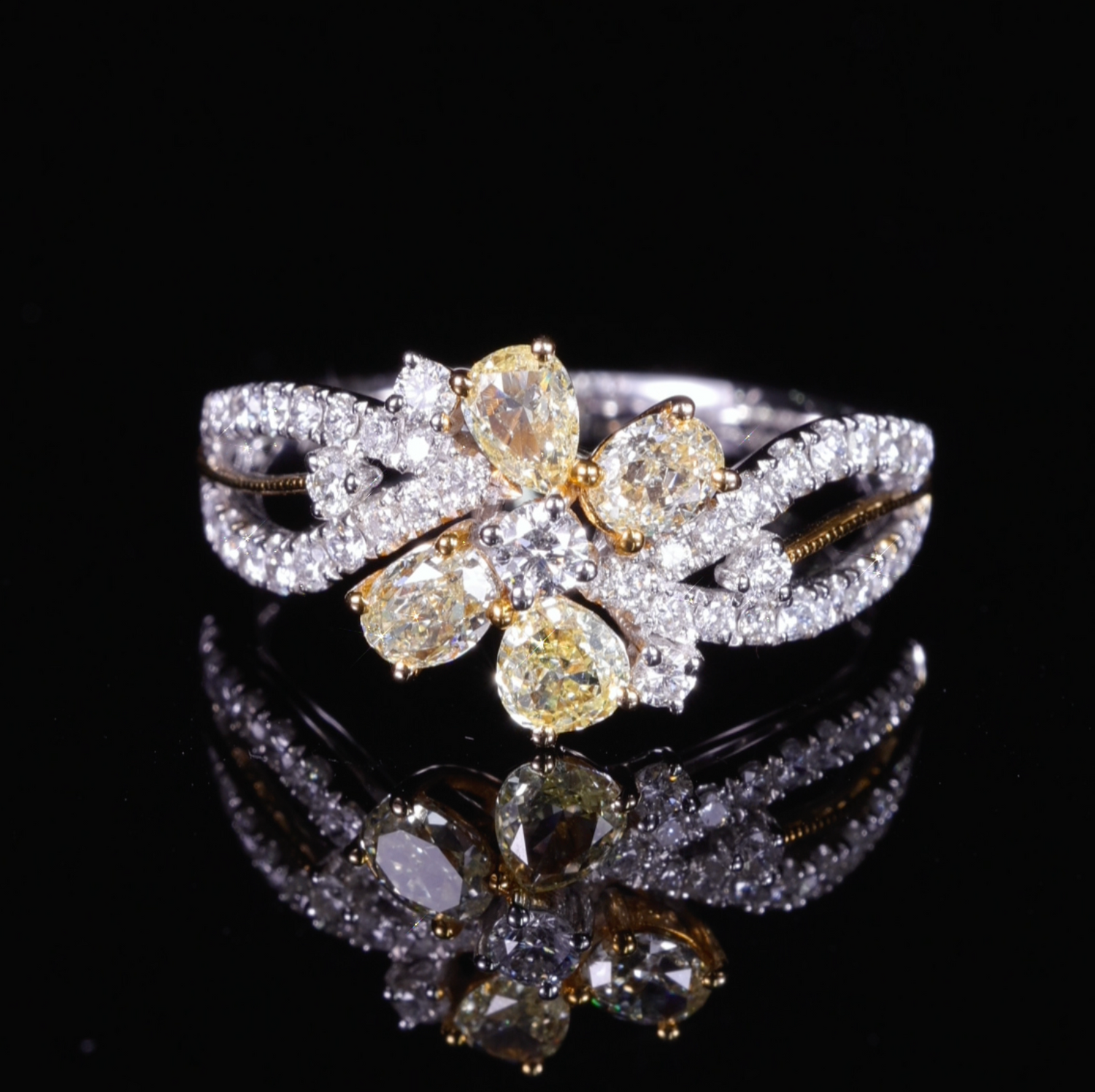 18K Two‑Tone Floral Cluster Ring with Natural Yellow Diamonds from JewelryAndStore