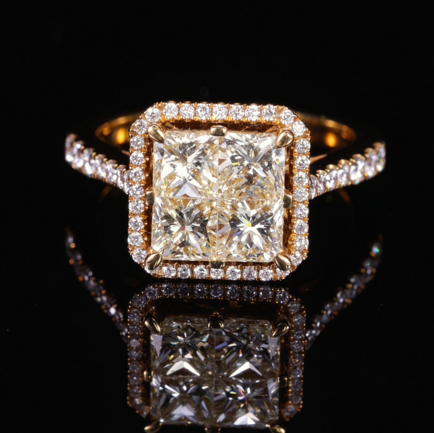 18K Yellow Gold Square Halo Ring with Natural Yellow Diamonds from JewelryandStore
