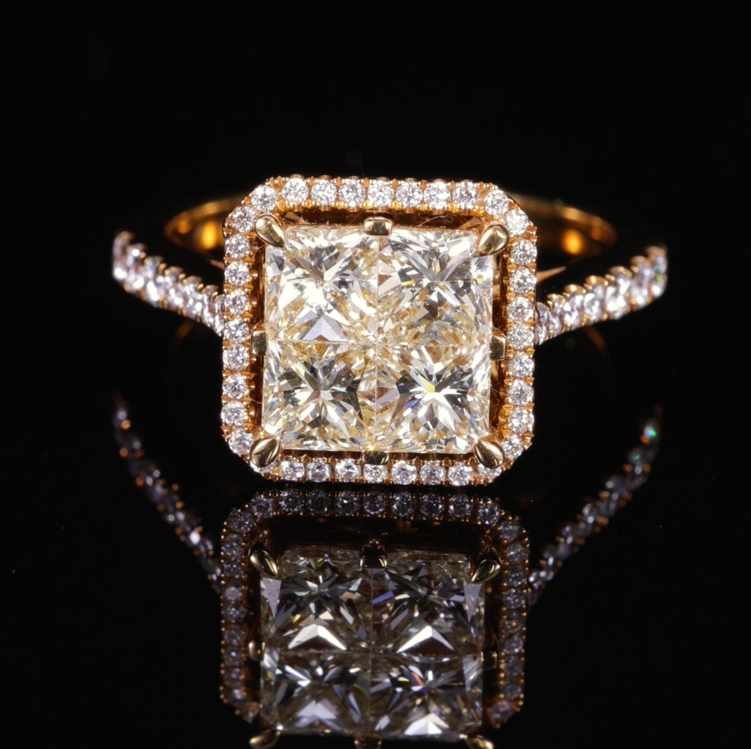 18K Yellow Gold Square Halo Ring with Natural Yellow Diamonds from JewelryandStore