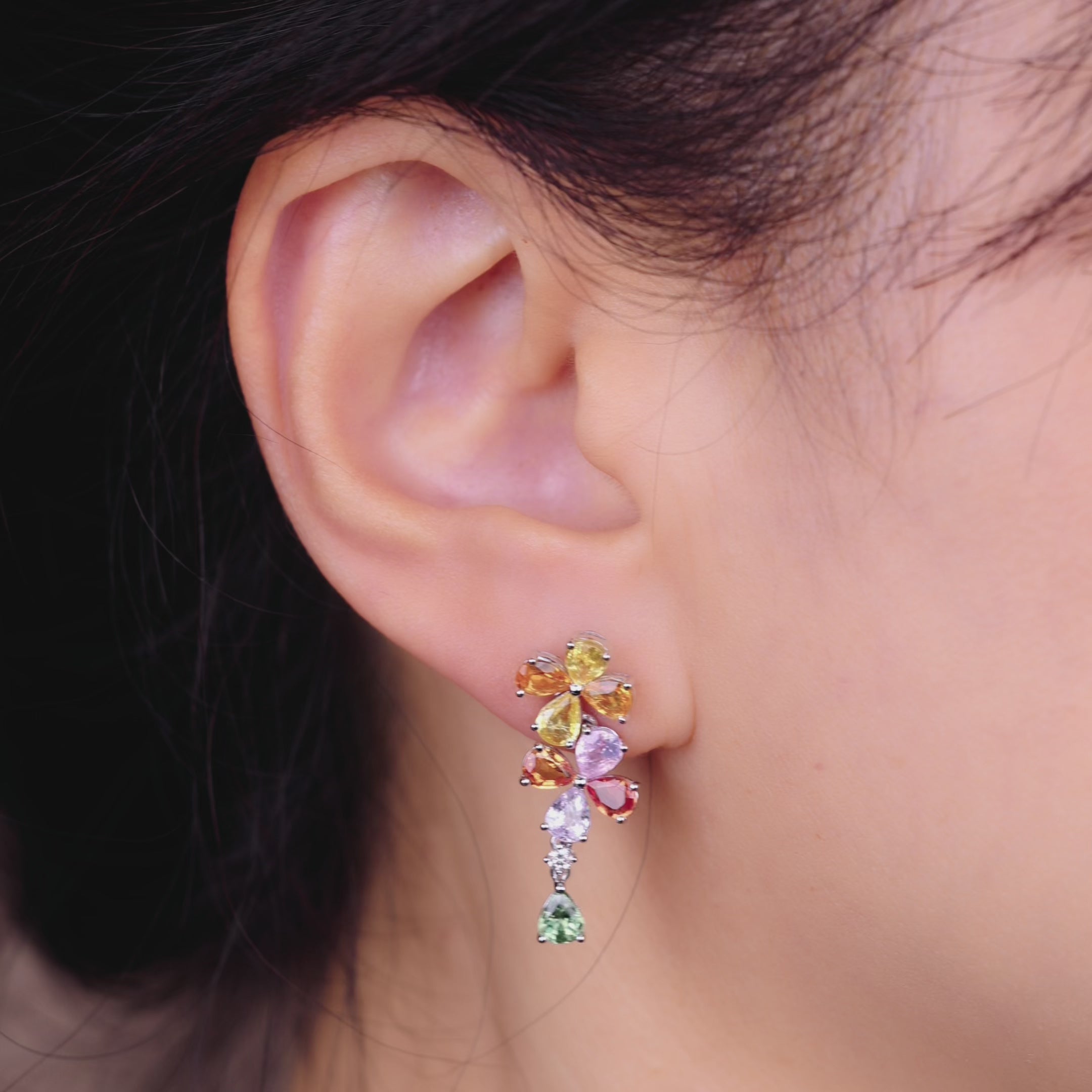 18K Gold Natural Fancy Sapphire and Diamond Flower Earrings