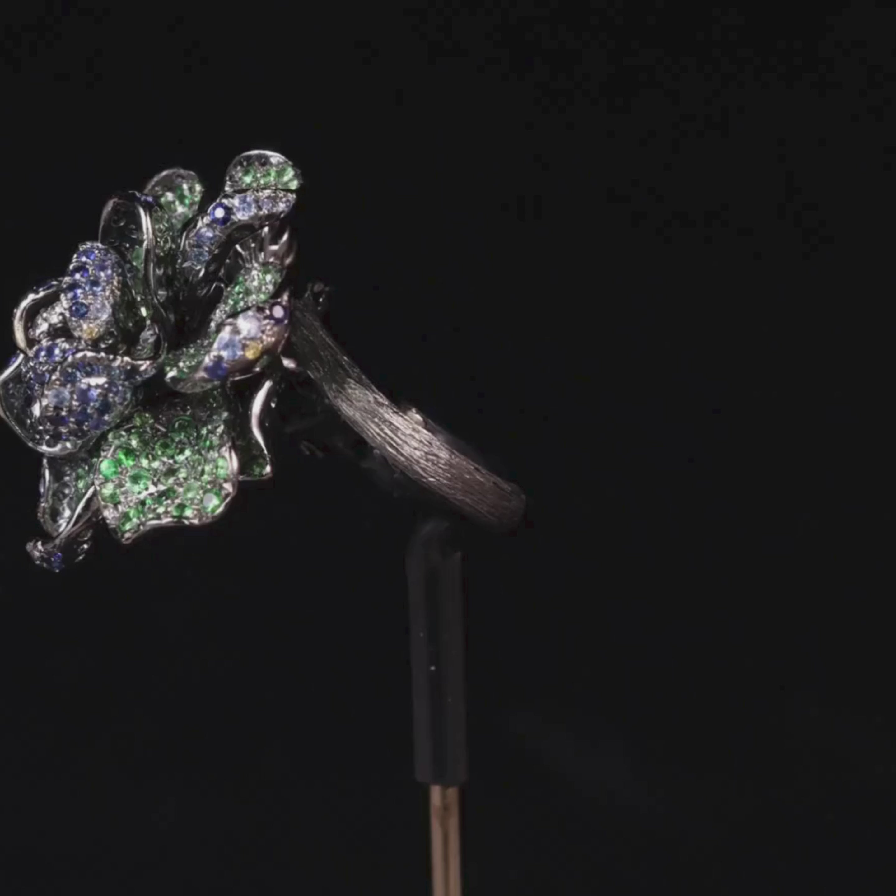 18K Black Gold Flower Ring with Natural Green and Blue Sapphires