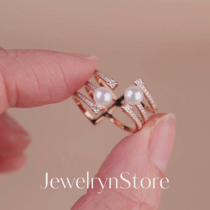 925 Silver Triple Row Fresh Water Pearl Open Ring