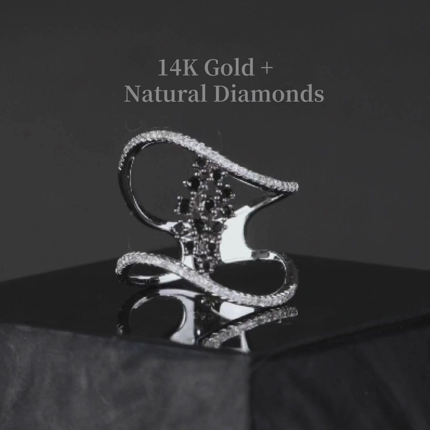14K Gold Two-Row Curved Statement Ring with White and Black Diamond