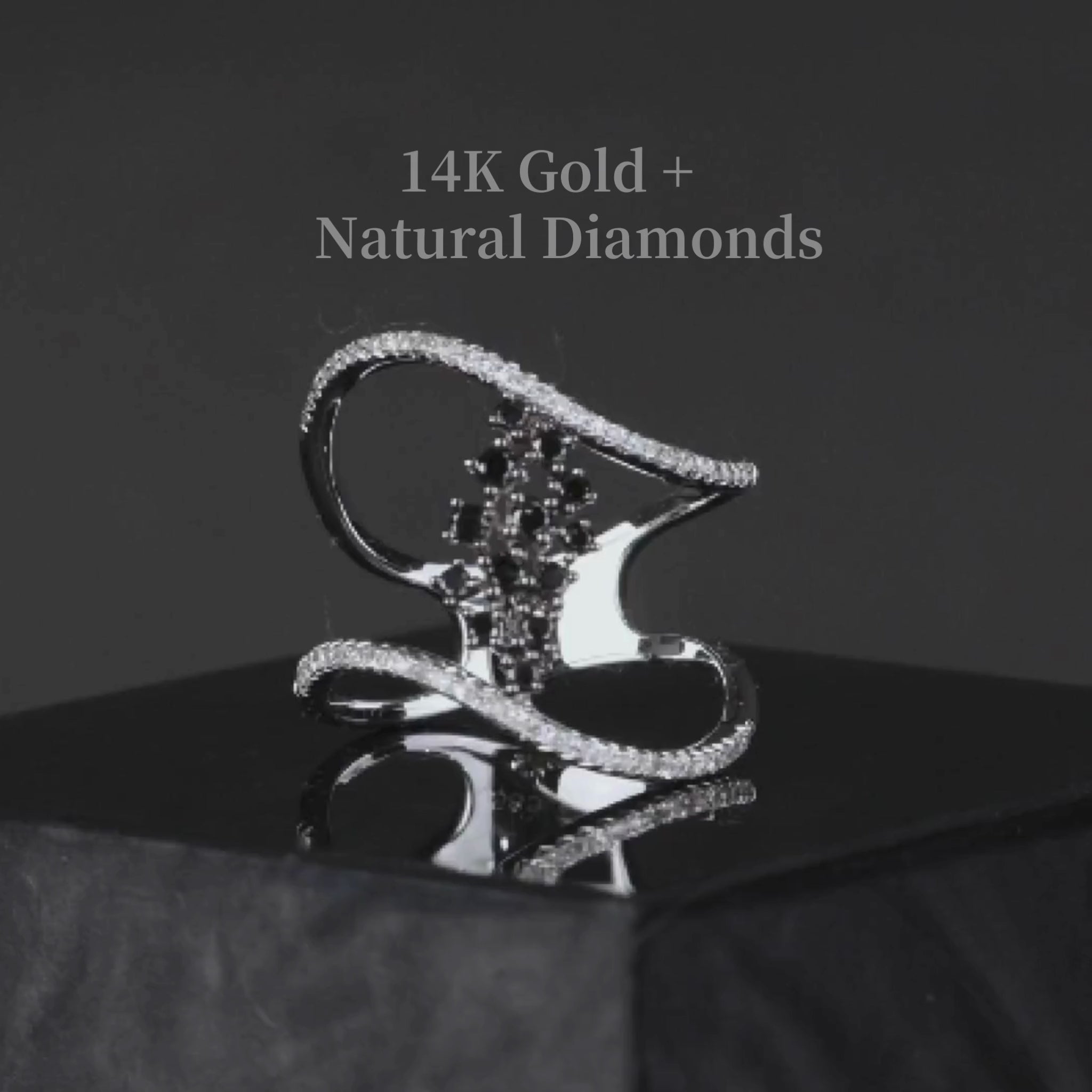 14K Gold Two-Row Curved Statement Ring with White and Black Diamond