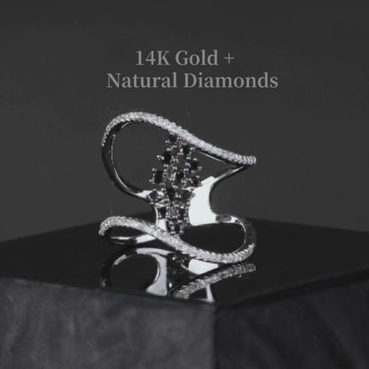 14K Gold Two-Row Curved Statement Ring with White and Black Diamond