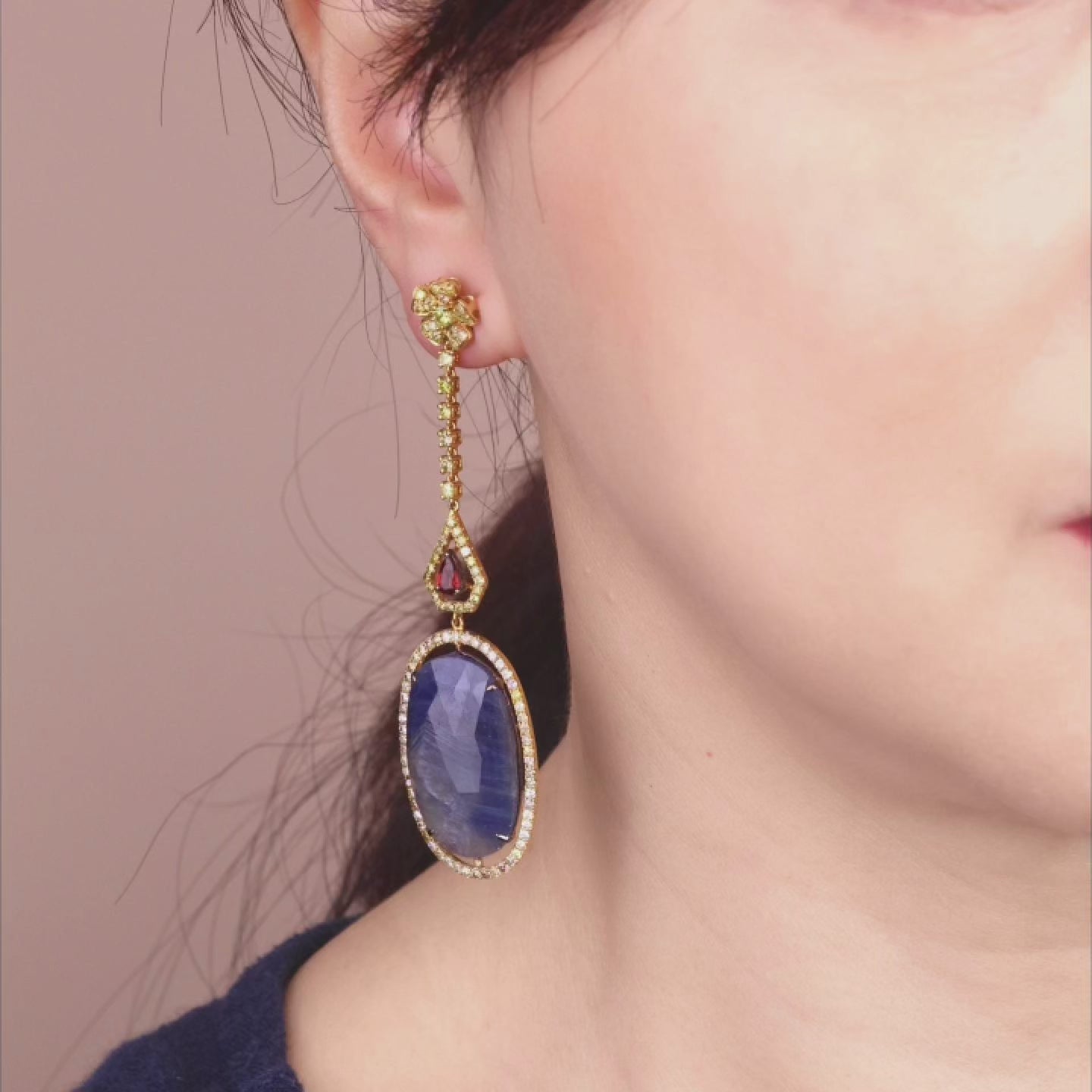 18K Gold Slice Blue Sapphire Drop Earrings with Garnet &amp; Color diamonds