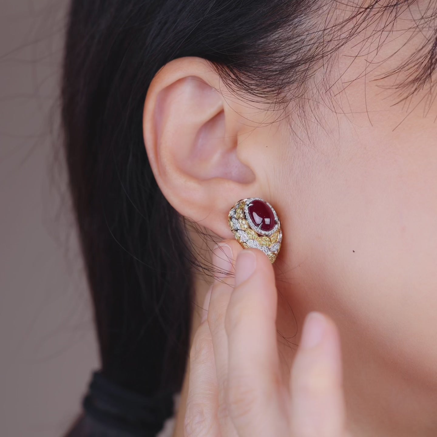 18K Gold Natural Diamond and Ruby Hoop Earrings