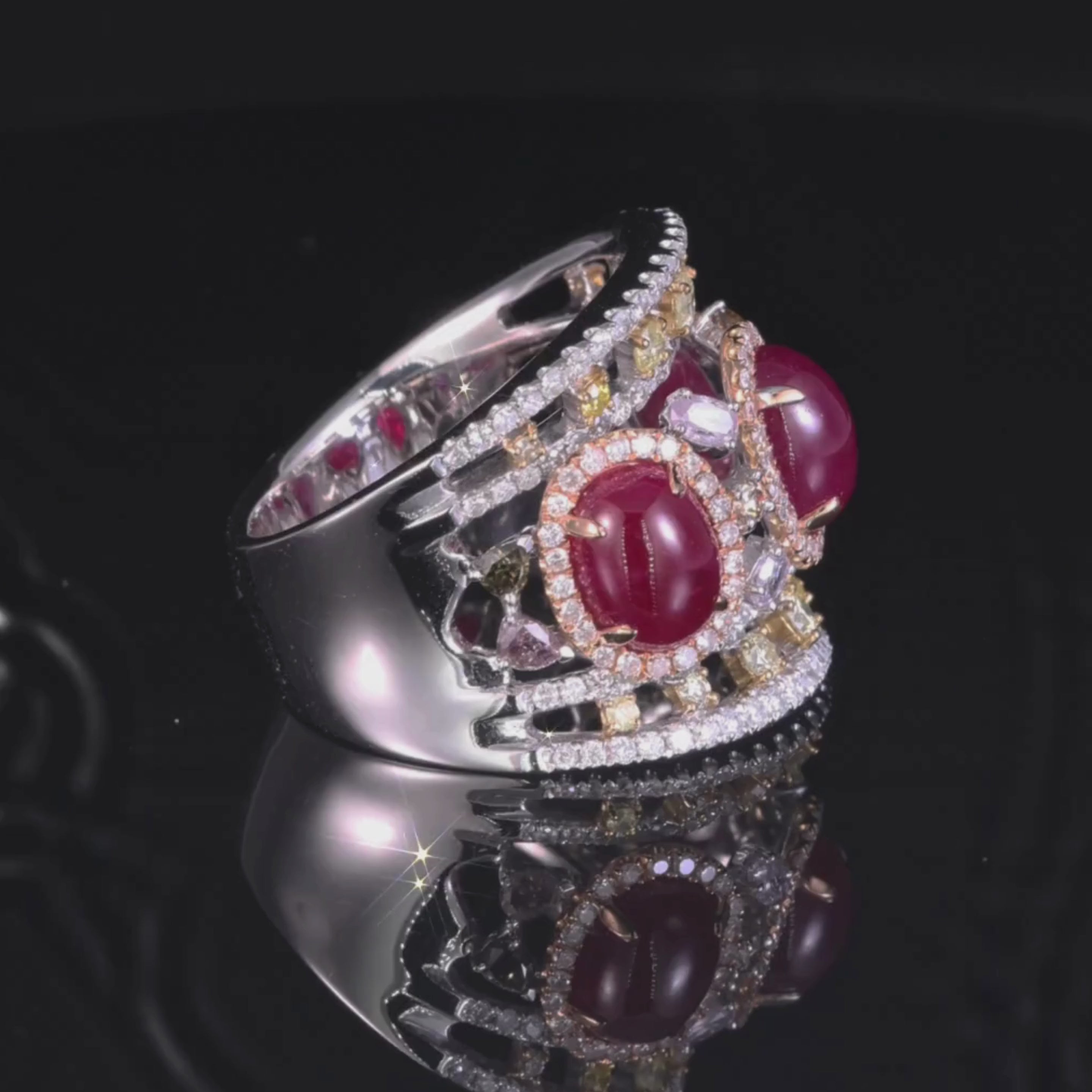 18K White Gold Ring with Natural Oval Rubies and Color Diamonds