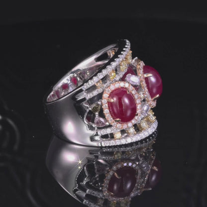 18K White Gold Ring with Natural Oval Rubies and Color Diamonds