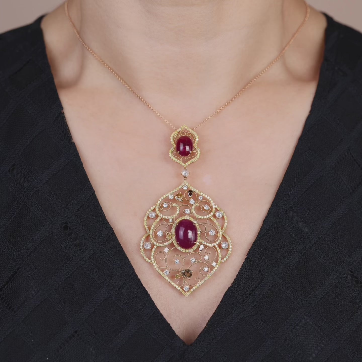 18K Gold Diamond and Ruby Floral Pendant