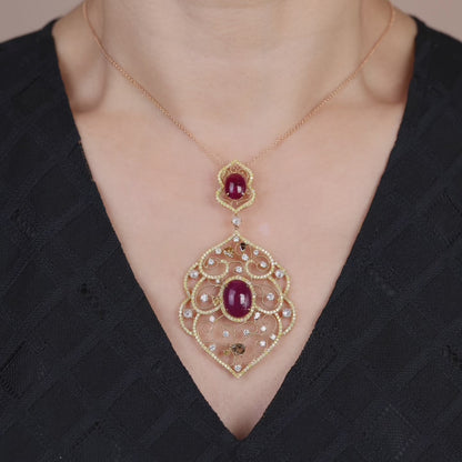 18K Gold Diamond and Ruby Floral Pendant