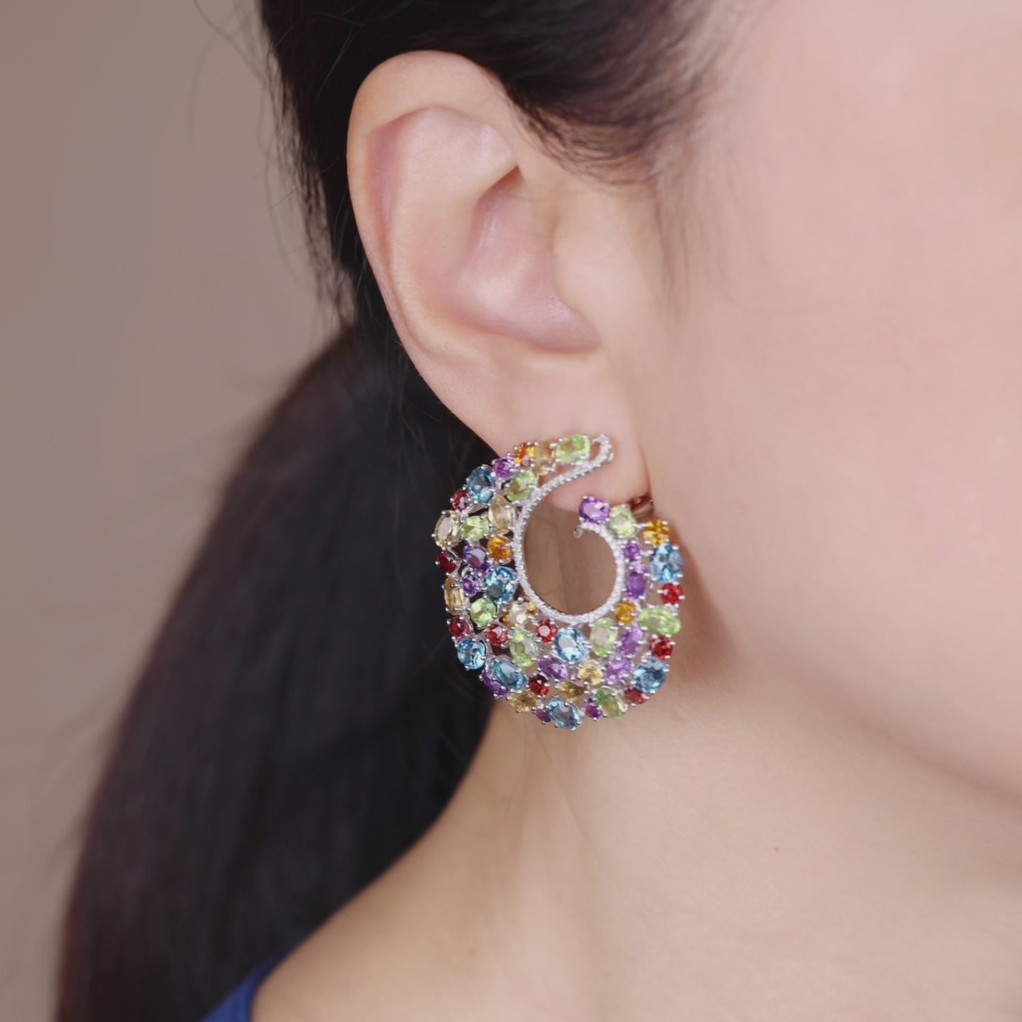 18K Gold Color Sapphire &amp; Diamond Evening Party Earrings