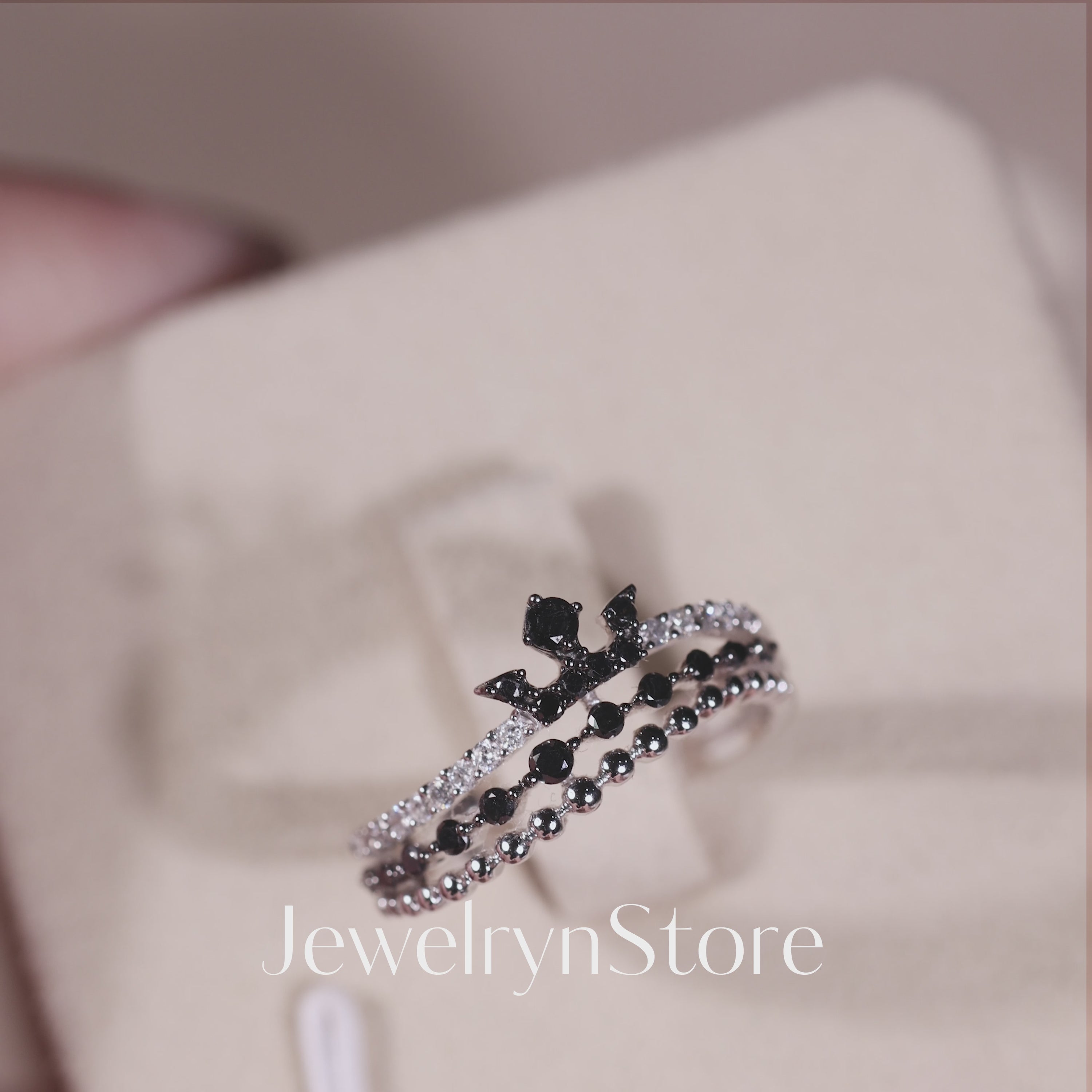 14K Gold Triple Row Tiara Ring with Black Diamonds