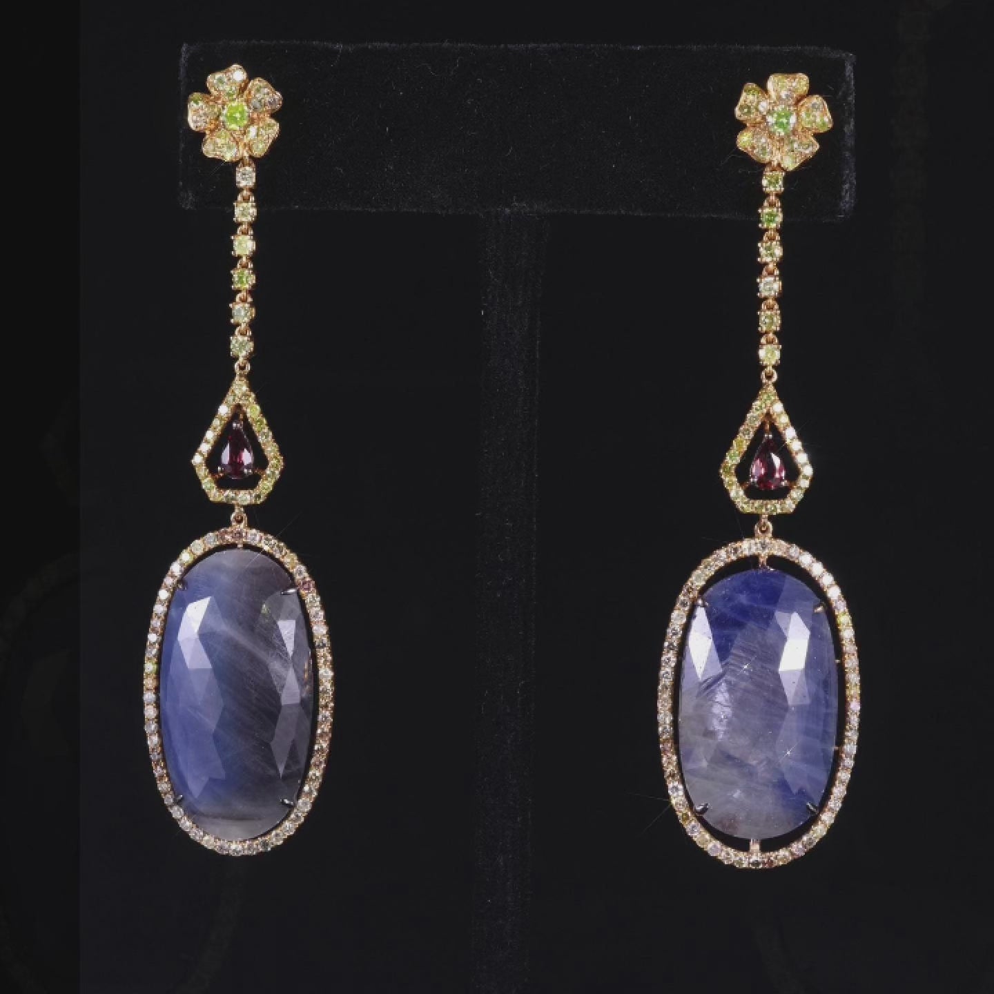 18K Gold Slice Blue Sapphire Drop Earrings with Garnet &amp; Color diamonds