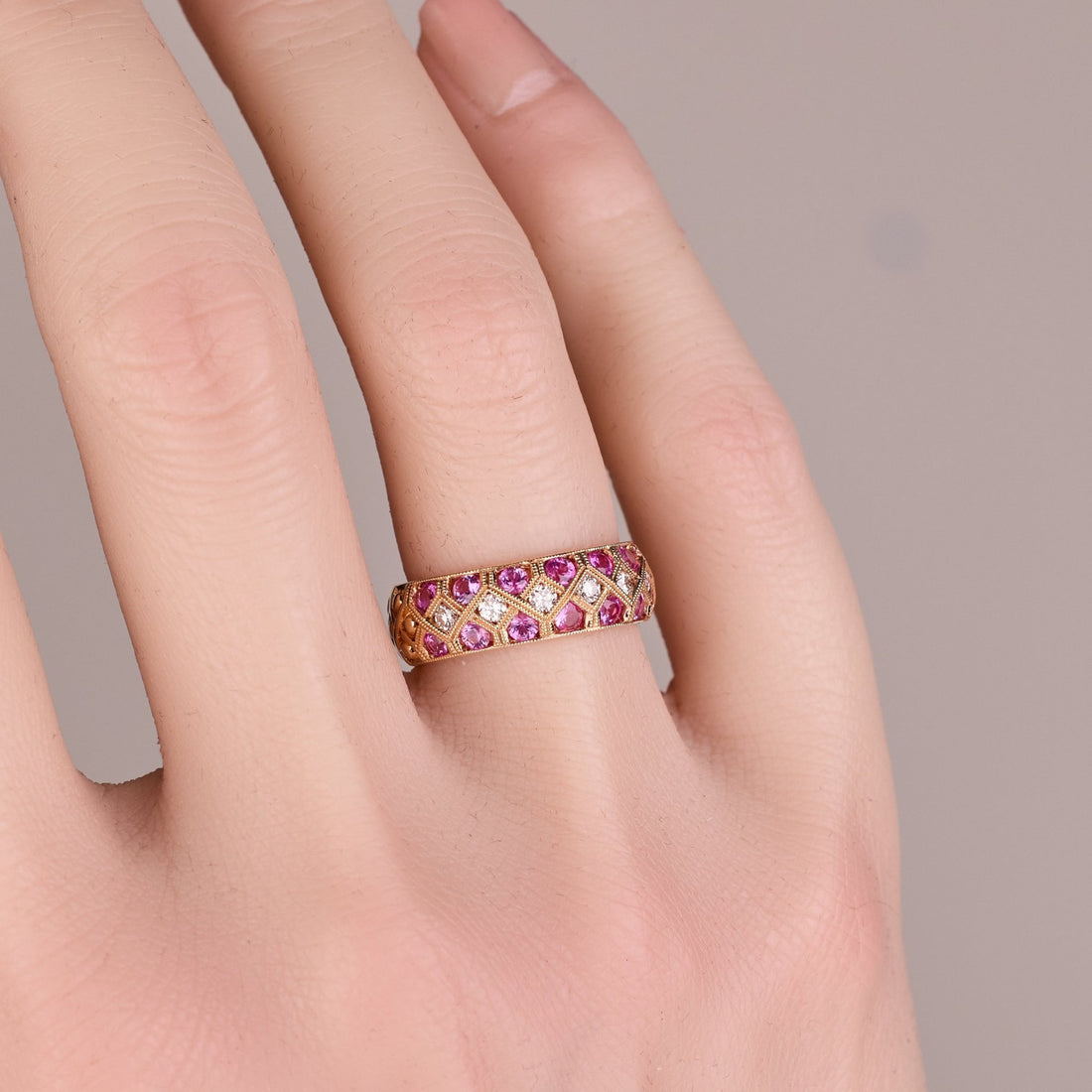18K Rose Gold Pink Sapphire and Diamond Geometric Design Ring - Jewelry And Store