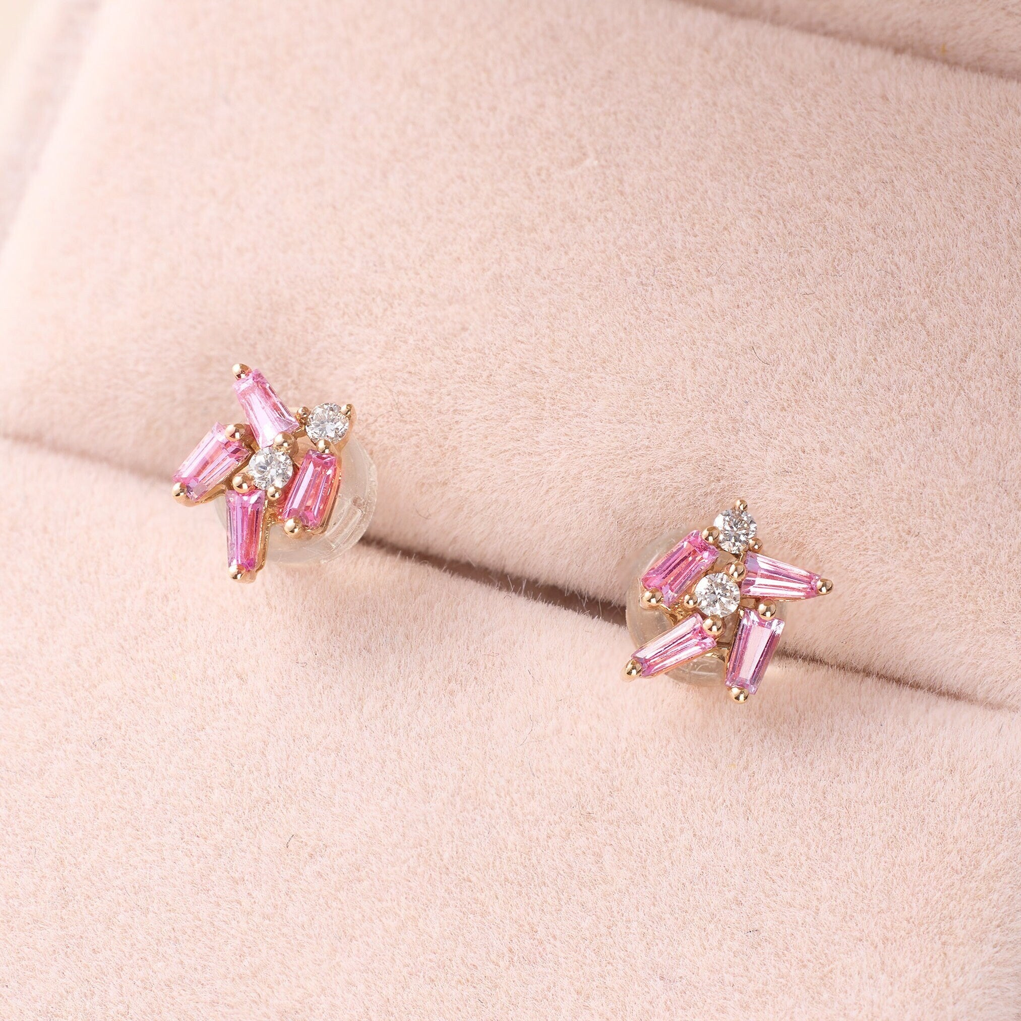 Cluster Earring Studs with Natural Diamonds &amp; Sapphires - Jewelry And Store