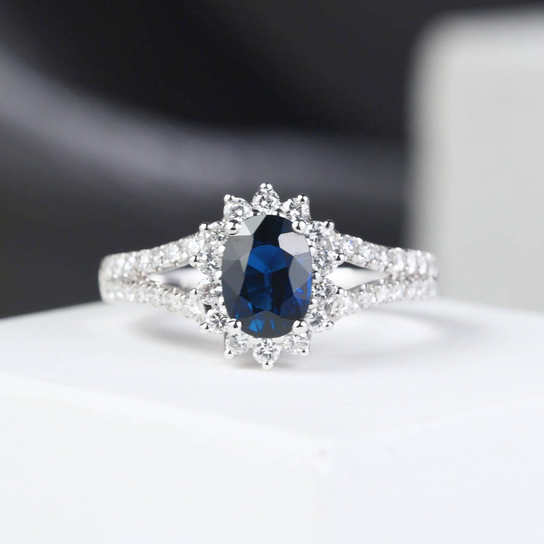 Natural Blue Sapphire Halo Diamond Ring - Jewelry And Store