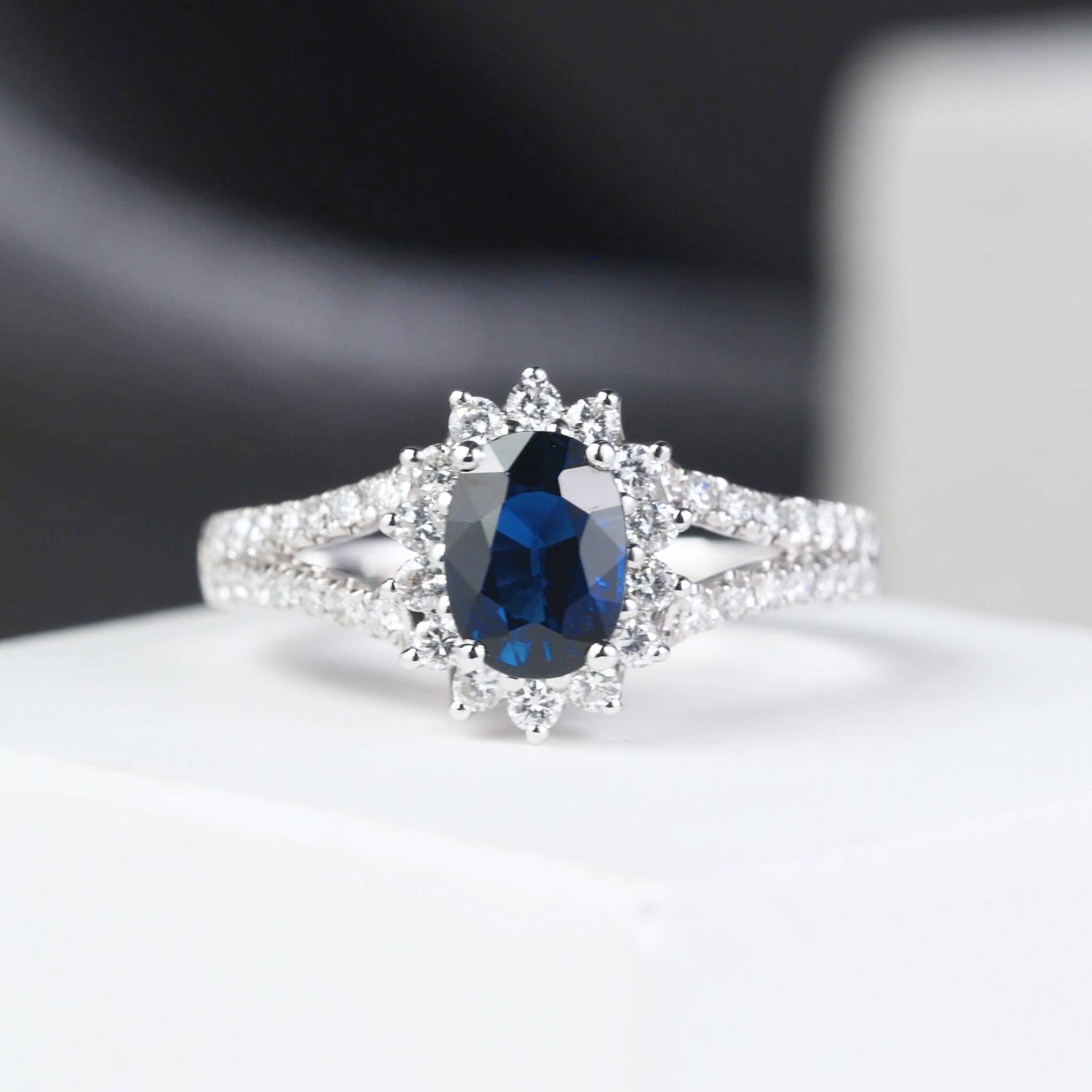 Natural Blue Sapphire Halo Diamond Ring