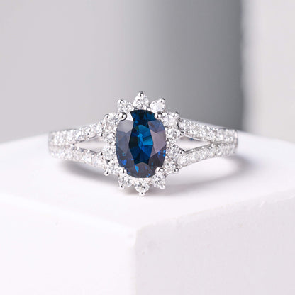 Natural Blue Sapphire Halo Diamond Ring
