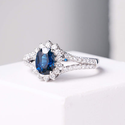 Natural Blue Sapphire Halo Diamond Ring
