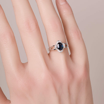 0.98ct.tw. Natural Blue Sapphire Ring with Clover Diamond frame - Jewelry And Store