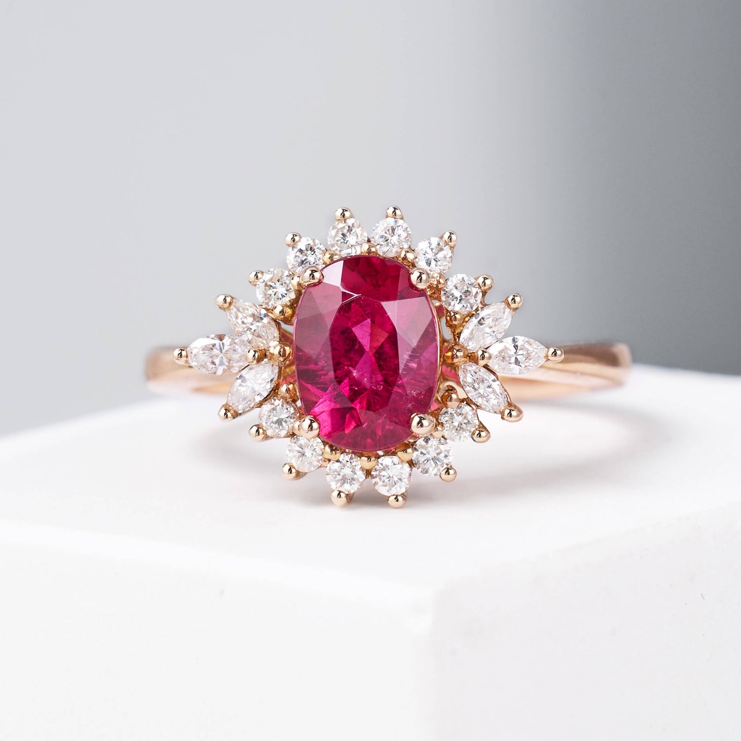 1.23ct.t.w. Vintage - styled Nature Rubellite Halo Diamond Ring - Jewelry And Store