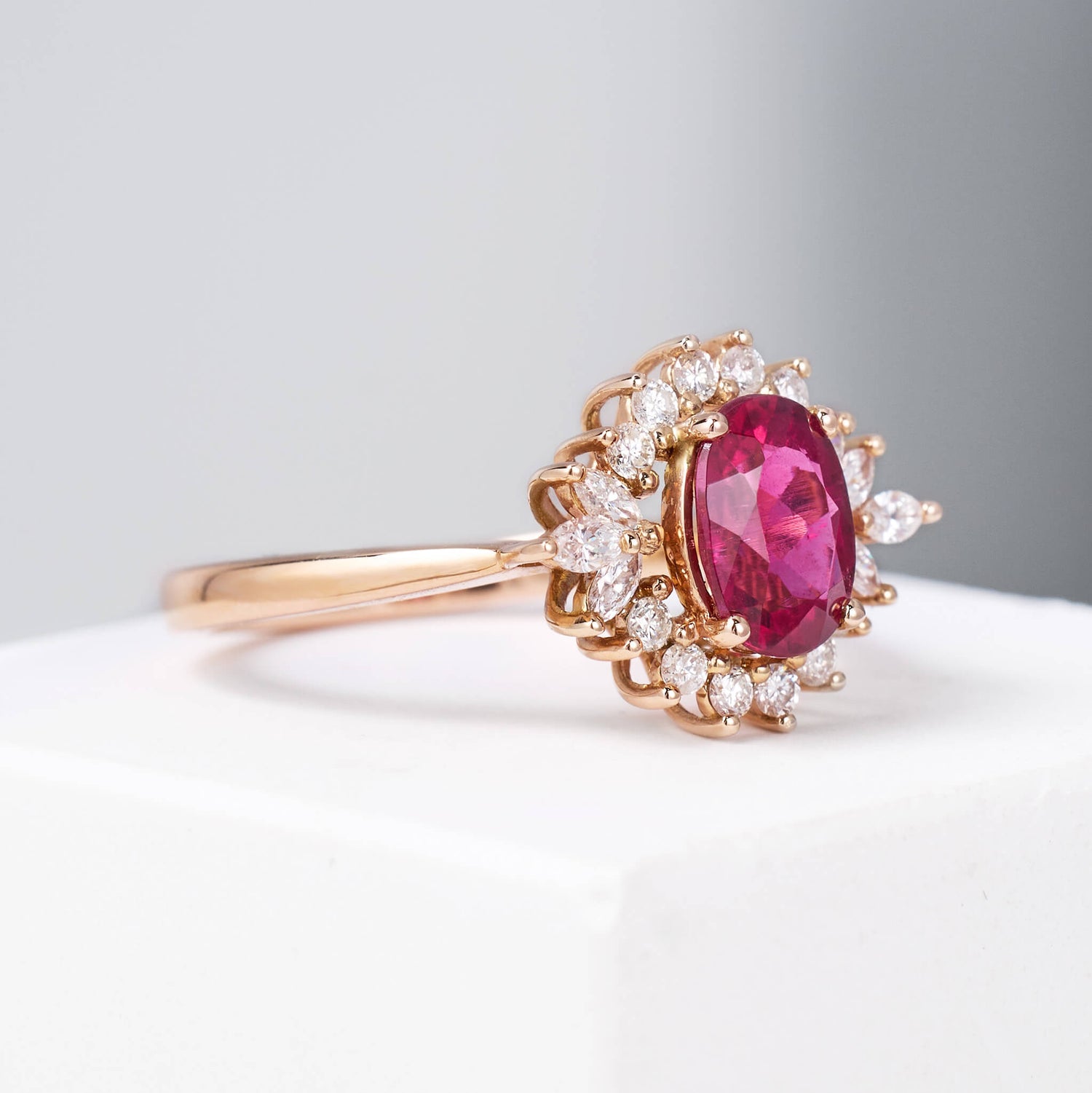 1.23ct.t.w. Vintage - styled Nature Rubellite Halo Diamond Ring - Jewelry And Store